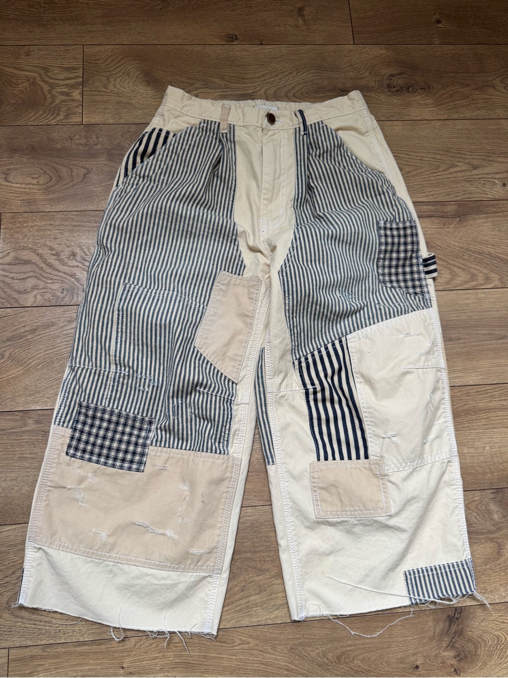 BDG Patchwork Cropped Cargo Pants in Cream and Navy